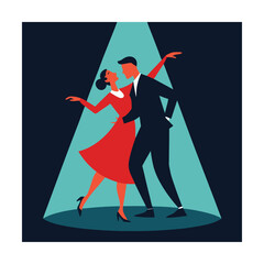 Stylized couple dancing under spotlight modern romantic artistic movement artwork Vector illustration