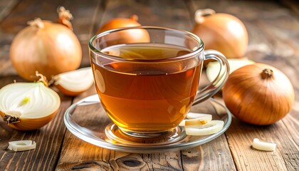 Onions and tea on a wooden table (1)