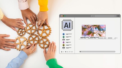 Obraz premium Engaging scene of diverse hands working with gears, symbolizing teamwork and innovation in artificial intelligence and creative technology development. Raster