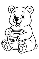 Obraz premium Smiling cartoon bear joyfully holding a dripping honey pot, a delightful and sweet moment captured in clean black and white line art. This charming illustration is perfect for children's coloring page