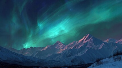 Fototapeta premium Northern Lights Over Snowy Mountains at Night