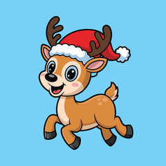 Cute cartoon reindeer wearing a Santa hat and running happily christmas © MSTFERDOUS