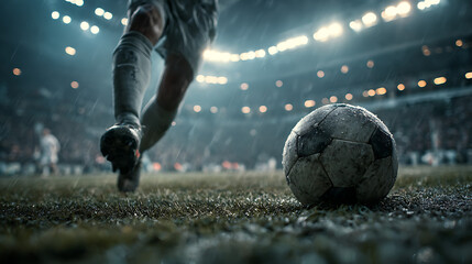 Fototapeta premium action packed soccer scene with player running to kick ball on grass field during stadium match demonstrating athletic energy team competition and sports performance