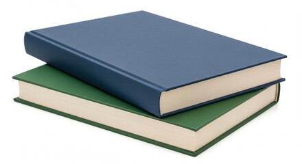 Stack of two hardcover books, one blue and one green, lying on top of each other on a white surface, presenting a clean and simple composition suitable for various creative projects