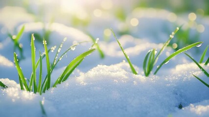 Closeup of green grass blades emerging from fresh white snow, illuminated by soft morning sunlight, representing winters end and new beginnings 4k video