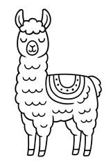 Naklejka premium Adorable Cartoon Llama Coloring Page with Decorative Blanket Design, Perfect for Kids and Adults Seeking Relaxation. Simple Black and White Line Art Outline Illustration of a Fluffy South American Ani