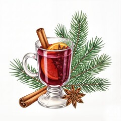 Glass mug with mulled wine, cinnamon and fir branches isolated on white background