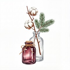 Cotton branches and fir in glass bottle isolated on white background