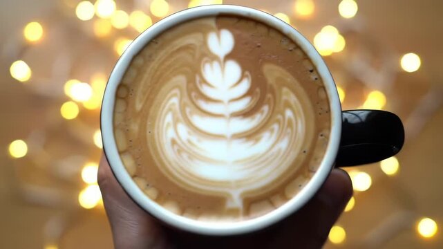 Festive latte art in mug, lights blurred background