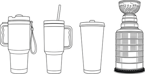 Set of travel mugs, tumblers, and championship trophy outline icons, black line vector illustration for sports, beverage, and drinkware design concepts © Asad Creative