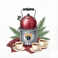 Red kettle on stove with cups and fir branches isolated on white background