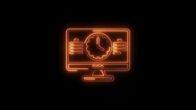 Neon glowing computer with clock outline,modern digital time management concept on dark background - Powered by Adobe
