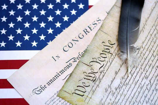 United States Bill of Rights Preamble to the Constitution and American Flag