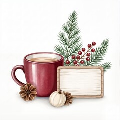 cup with fir branches and wooden sign isolated on white background