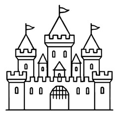 Obraz premium Minimalist black line art of a fairytale castle with tall turrets, flags, battlements, and a main gate. Perfect for children's coloring pages, educational aids, graphic design, storybooks, fantasy the