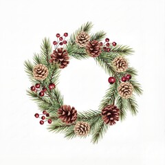 Christmas wreath with berries and pine cones isolated on white background