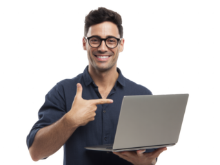 A man is holding a laptop and pointing to it with his finger