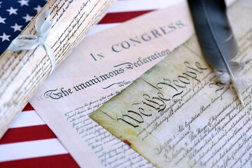 United States Bill of Rights Preamble to the Constitution and American Flag