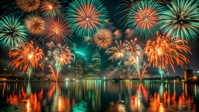 Festive explosions illuminate city skyline over water fireworks celebration