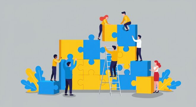 Teamwork and collaboration in assembling a large jigsaw puzzle, illustrating unity and problem-solving.
