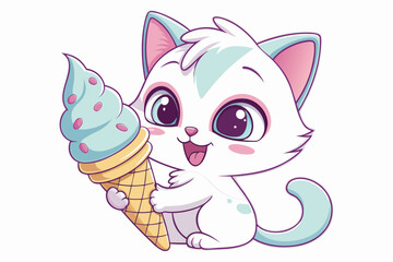 Adorable Kitten Holding Ice Cream Cone Cartoon Vector Illustration