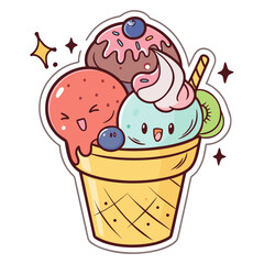 Cute Ice Cream Cup with Scoops, Kiwi Slice and Wafer Stick Illustration
