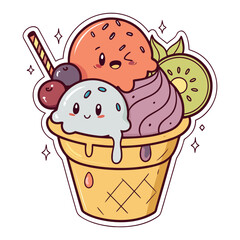 Cute Ice Cream Cup with Scoops, Kiwi Slice and Wafer Stick Illustration
