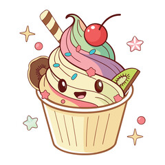 Cute Rainbow Ice Cream Cup with Cherry, Kiwi and Wafer Stick Illustration