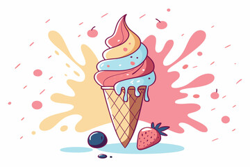 Colorful Ice Cream Cone with Strawberry and Splash Vector Illustration