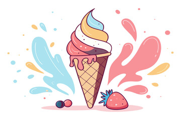 Colorful Ice Cream Cone with Strawberry and Splash Vector Illustration