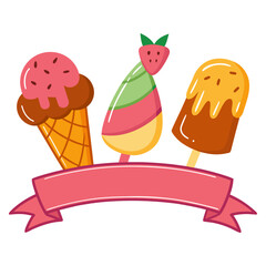 Cute Ice Cream and Popsicles with Ribbon Banner Vector Illustration