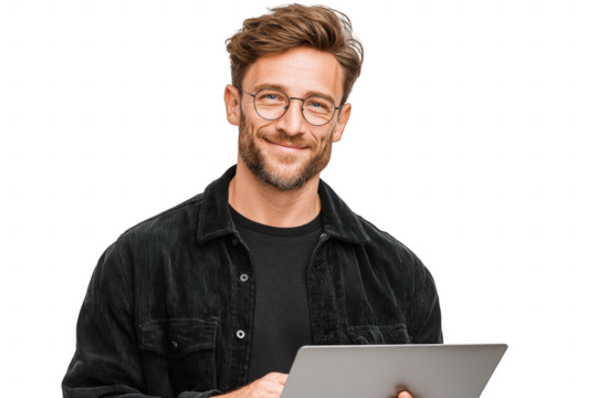 A man wearing glasses and a black jacket is smiling and holding a laptop