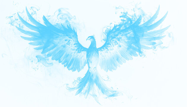 PNG blue smoke curling into the shape of a rising phoenix, isolated on transparent background, perfect for fantasy, mythology, creative design, digital art, and mystical concepts.