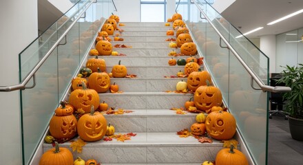 Carved pumpkins adorn a modern office staircase, creating a festive Halloween display.