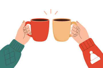Cozy Christmas Vector with Multicultural Friends Toasting Coffee Mugs. Hot Chocolate Celebration in Winter Sweaters. Warm Holiday Illustration Showing Unity, Friendship, and Seasonal Joy