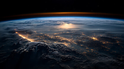 glowing twilight over earth orbit highlighting planet atmosphere horizon celestial universe cosmos stars outer space and natural lighting with space perspective