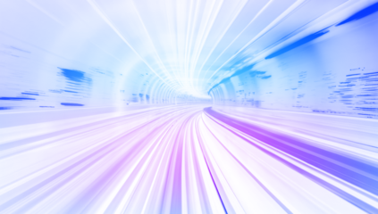 Cyberpunk light trails in motion or slow shutter effect. Neon stripes in the form of drill, turns and swirl. Panoramic high speed technology concept, neon lines on white transparent background in PNG 