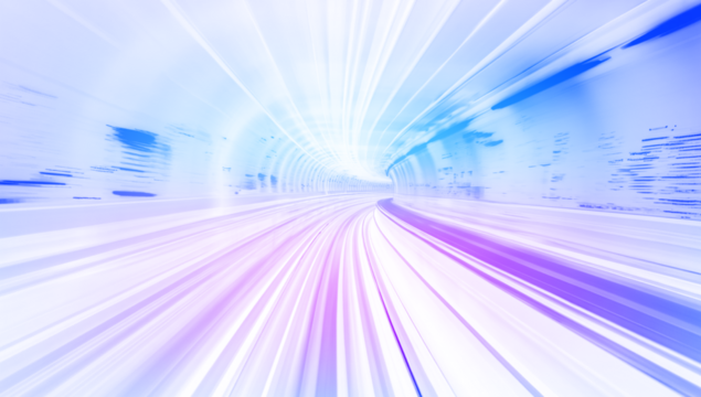 Cyberpunk light trails in motion or slow shutter effect. Neon stripes in the form of drill, turns and swirl. Panoramic high speed technology concept, neon lines on white transparent background in PNG 