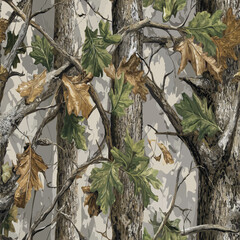 Seamless forest camouflage pattern with leaves, branches, and trunks in brown, green, and gray tones for hunting and fabric.