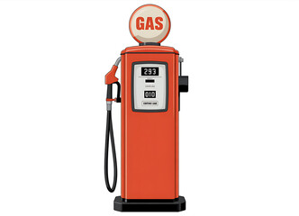 Vintage red gas pump with classic sign and hose isolated on white background