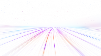 Cyberpunk light trails in motion or slow shutter effect. Neon stripes in the form of drill, turns and swirl. Panoramic high speed technology concept, neon lines on white transparent background in PNG 