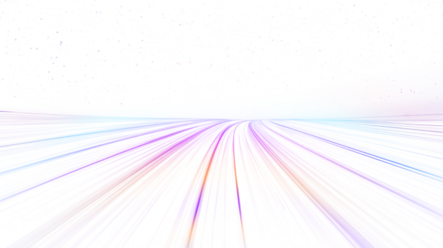 Cyberpunk light trails in motion or slow shutter effect. Neon stripes in the form of drill, turns and swirl. Panoramic high speed technology concept, neon lines on white transparent background in PNG 