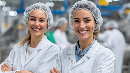 two female researchers in modern industrial lab smiling wearing lab coats hair nets representing teamwork scientific research professionalism clean environment and health safety