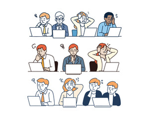 Simple Vector Illustration of a Businessperson Worried in Front of a PC