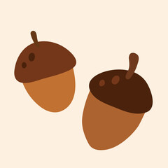 Minimal flat style illustration of two brown acorns with simple shapes and warm autumn colors. Perfect for seasonal designs, fall decor, greeting cards, patterns, stickers, and cozy illustrations.