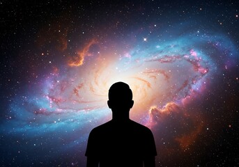 Silhouette of a man against the backdrop of a colorful spiral galaxy