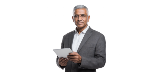 A man in a gray suit and glasses is holding a tablet