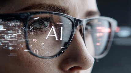Augmented reflection of artificial intelligence in smart glasses highlighting human machine interaction insight and analytics for innovation research and future technology vision.
