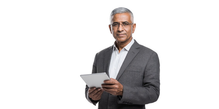 A man in a gray suit and glasses is holding a tablet