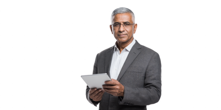 A man in a gray suit and glasses is holding a tablet